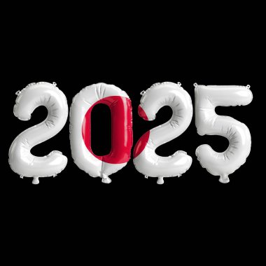 Japonya bayrak renginde 2025 balonun 3 boyutlu resmi, siyah arkaplanda izole edilmiş.