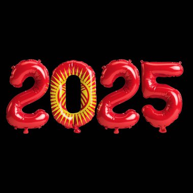 Kırgızistan bayrağı renginde, siyah arkaplanda izole edilmiş 2025 balonun 3D çizimi