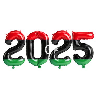 Libya bayrağı renginde 2025 balonun beyaz zemin üzerinde izole edilmiş 3D yeni yıl illüstrasyonu