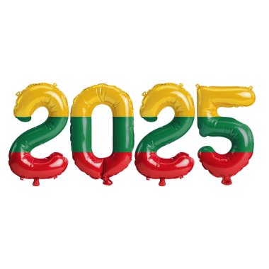 Litvanya bayrağı renginde 2025 balonun beyaz arka planda izole edilmiş 3D yeni yıl illüstrasyonu