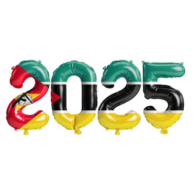 Mozambik bayrak renginde 2025 balonun beyaz arkaplanda izole edilmiş 3D yeni yıl illüstrasyonu