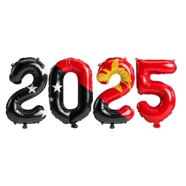 Papua Yeni Gine bayrağı renginde, beyaz arkaplanda izole edilmiş 2025 balonun 3D çizimi