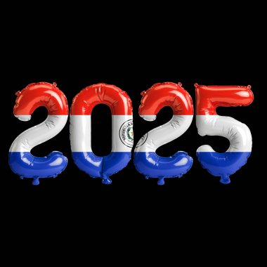 Paraguay bayrağı renginde, siyah arkaplanda izole edilmiş 3D 2025 balon