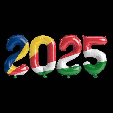 Seyşeller bayrağı renginde, siyah arkaplanda izole edilmiş 2025 yılbaşı balonlarının 3D çizimi