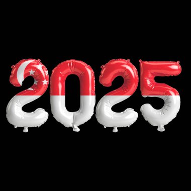Singapur bayrağı renginde 2025 balonun siyah arkaplanda izole edilmiş 3D yeni yıl illüstrasyonu