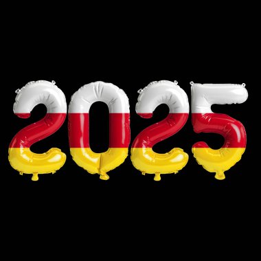 Güney Osetya bayrağı renginde, siyah arkaplanda izole edilmiş 2025 balonun 3D çizimi