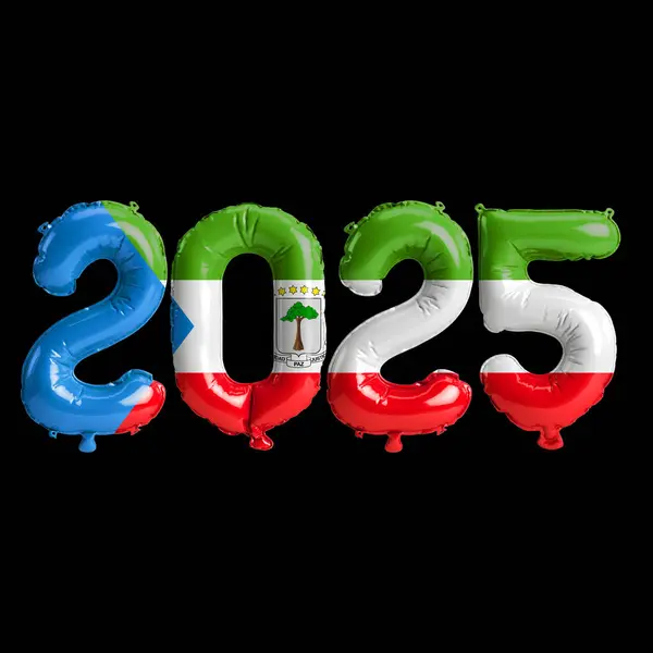 stock image 3D illustration of new year 2025 balloons on Equatorial Guinea flag color, isolated on black background