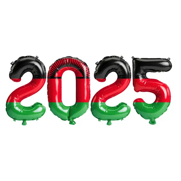 stock image 3D illustration of new year 2025 balloons on Malawi flag color, isolated on white background