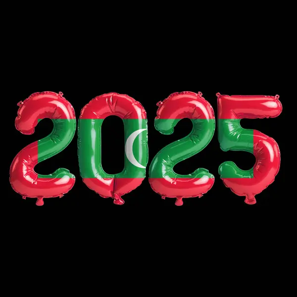 stock image 3D illustration of new year 2025 balloons on Maldives flag color, isolated on black background