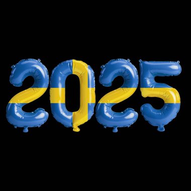 İsveç bayrağı renginde, siyah arkaplanda izole edilmiş 2025 balonun 3D çizimi