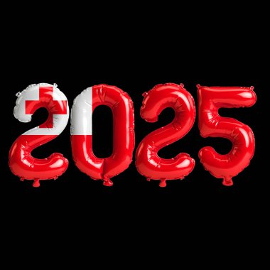 Tonga bayrağı renginde, siyah arkaplanda izole edilmiş 2025 balonun 3D çizimi