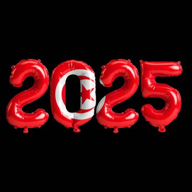 Tunus bayrağı renginde, siyah arkaplanda izole edilmiş 2025 yılbaşı balonlarının 3D çizimi