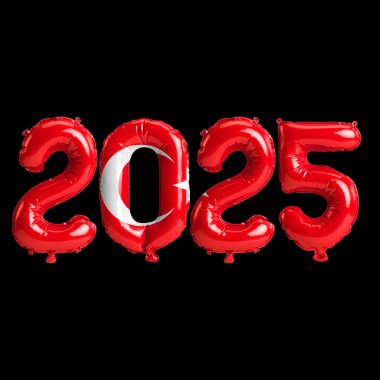 Türkiye bayrak renginde 2025 balonun siyah zemin üzerinde izole edilmiş 3D resmi