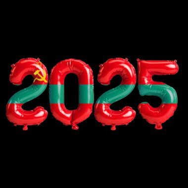Transnistria bayrağı renginde, siyah arkaplanda izole edilmiş 2025 yılbaşı balonlarının 3D çizimi
