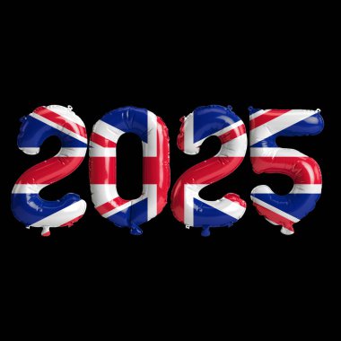 Birleşik Krallık bayrak renginde 2025 balonun siyah zemin üzerinde izole edilmiş 3D yeni yıl illüstrasyonu