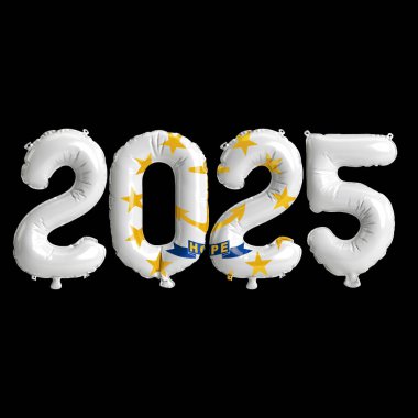 Rhode Island bayrağında 2025 yılbaşı balonlarının 3 boyutlu resmi, siyah arka planda izole edilmiş.