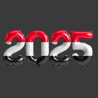 Yemen bayrağı renginde, gri arka planda izole edilmiş 2025 balonun 3D çizimi