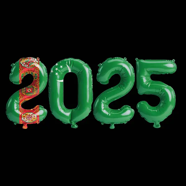 stock image 3D illustration of new year 2025 balloons on Turkmenistan flag color, isolated on black background