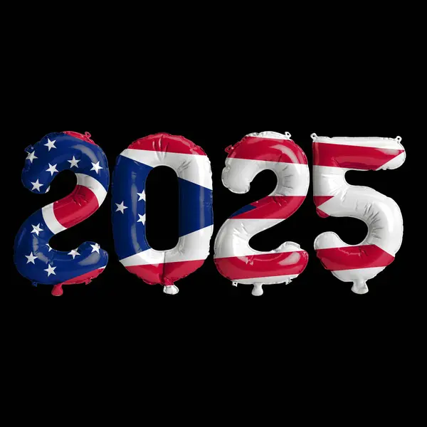 stock image 3D illustration of New Year 2025 balloons on the US state flag of Ohio, isolated on a black background