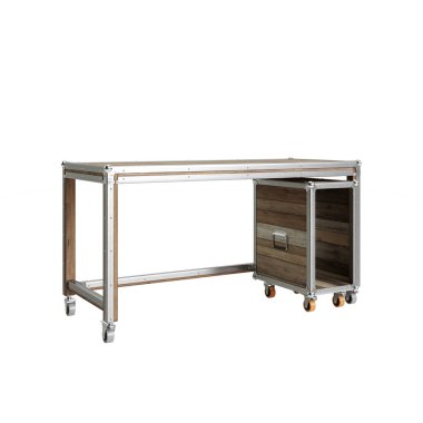 Eski ahşap ve alüminyum çerçeveli, Karpenter 'in Roadie koleksiyonundaki ofis masasının eski tarz 3D çizimi