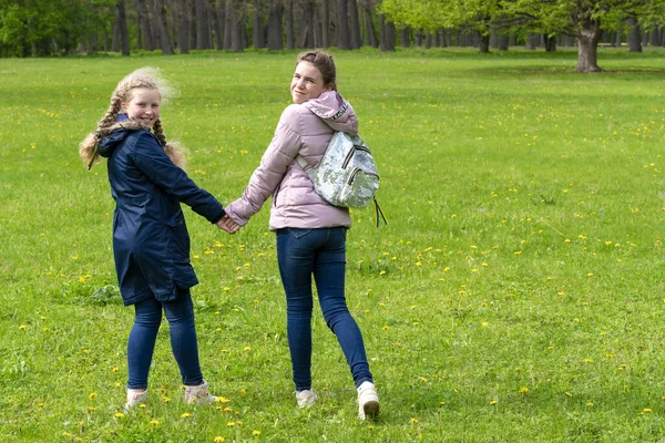 girls in the meadow near the forest. two girlfriends on the grass. concept of teenagers, happy girls,friends  on the background of the  forest.   Pleasant meeting. two girlfriends.