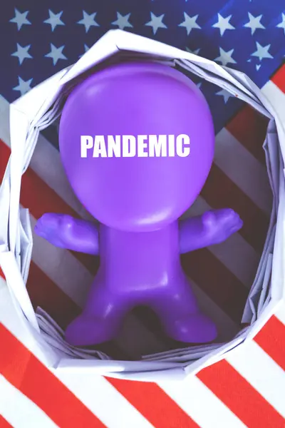 Osoba Figurka Nápisem Pandemie Muž Pozadí Vlajky Usa Usa Coronavirus — Stock fotografie