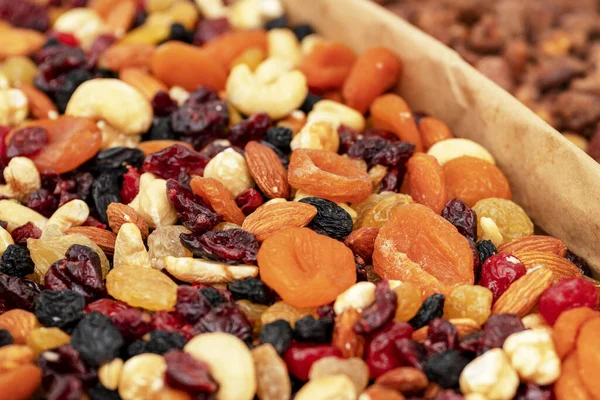 Dried Fruit Background Rows Dried Dates Apricots Cranberries Blueberries Prunes Stock Picture