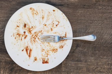 Yemekten sonra kirli tabak. Tabakta çatal var. Yemekten sonra kirli tabak. Yemeğin sonu. İyi iştah, lezzetli yemek ve yemek konsepti. en üstteki görünüm