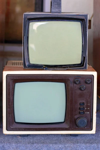 Muchos Retro Televisión Vintage Viejo Televisor Colorido Multi Fila Viendo —  Fotos de Stock