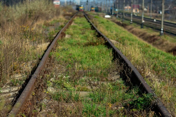 鉄道だ レールとクロスタイ 鉄道輸送 コンセプト長い道のり 長い旅の始まり — ストック写真