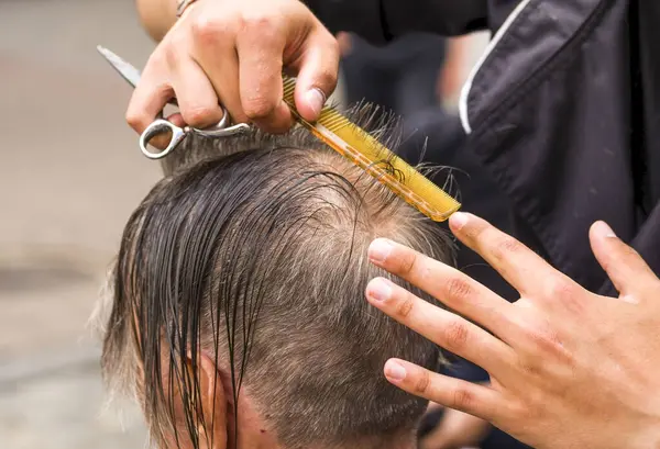 The hairdresser does a hairstyle to an old man with gray hair in a barbershop. The stylist uses scissors, combs, a sprayer. A man is sitting in a chair.