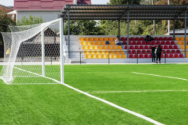 Puertas Fútbol Fútbol Gol Estadio Campo Fútbol Con Césped Artificial —  Fotos de Stock