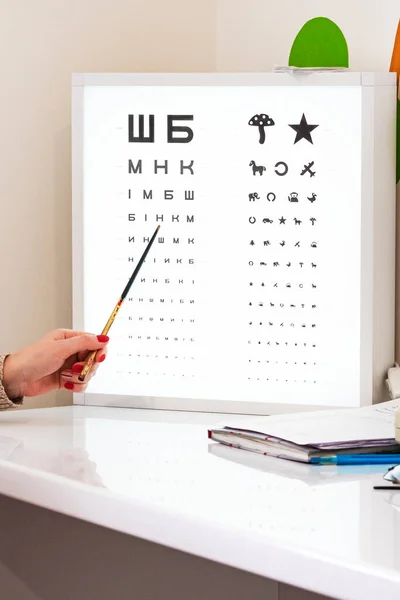 Index stick on eye chart. Snellen chart.  eye chart that can be used to measure visual acuity. standardized table for testing visual acuity. Concept of vision correction