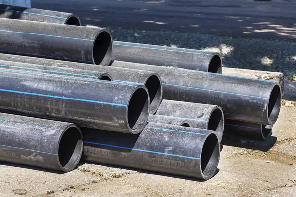 Plastic Main Black Pipes Heap Polyethylene Pipes Water Supply System — Stock Photo, Image