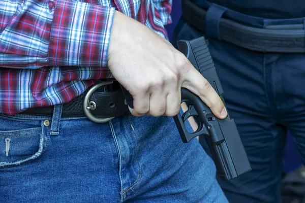 Man Gun Hands Close Pistol Hands Criminal Weapon Concept Criminal Stock Picture