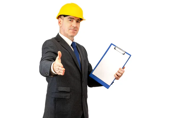 Man Helmet Holds Folder White Sheet His Hands Man Suit Stock Image