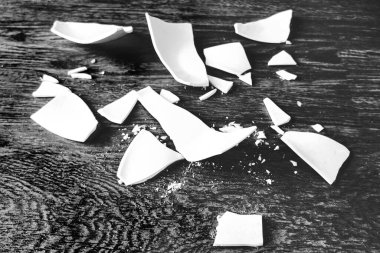 Arka planda kırık bir tabağın beyaz parçaları var. Kırık bir tabağın kıymıkları. Yerde beyaz bir tabağın parçaları var. Kırık bir sofra takımının parçaları. Siyah beyaz fotoğraf