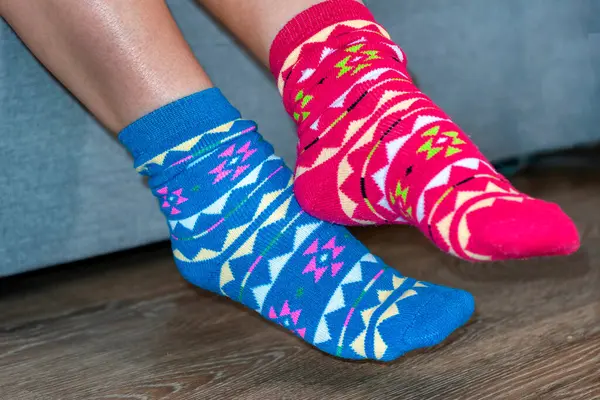 Women's legs in different beautiful socks. Colored socks on a  background. Foot concept warm.Close up.