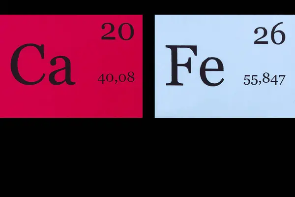 Chemical elements calcium and ferrum.Names and abbreviation of chemical elements. Calcium and ferrum in the chemical table. Copyspace. The concept of science, chemistry, research.