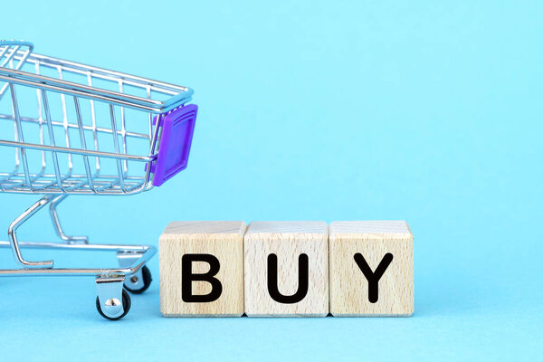 Cubos Madera Con Palabra Comprar Cesta Carro Compra Concepto Compra — Foto de Stock