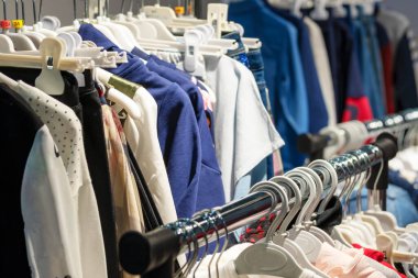 Elbise askıya asılı. Çevre dostu malzemelerden alınan giysiler el yapımı. Butikte elbise askısı var. Alışveriş merkezi. Giysi mağazası.  