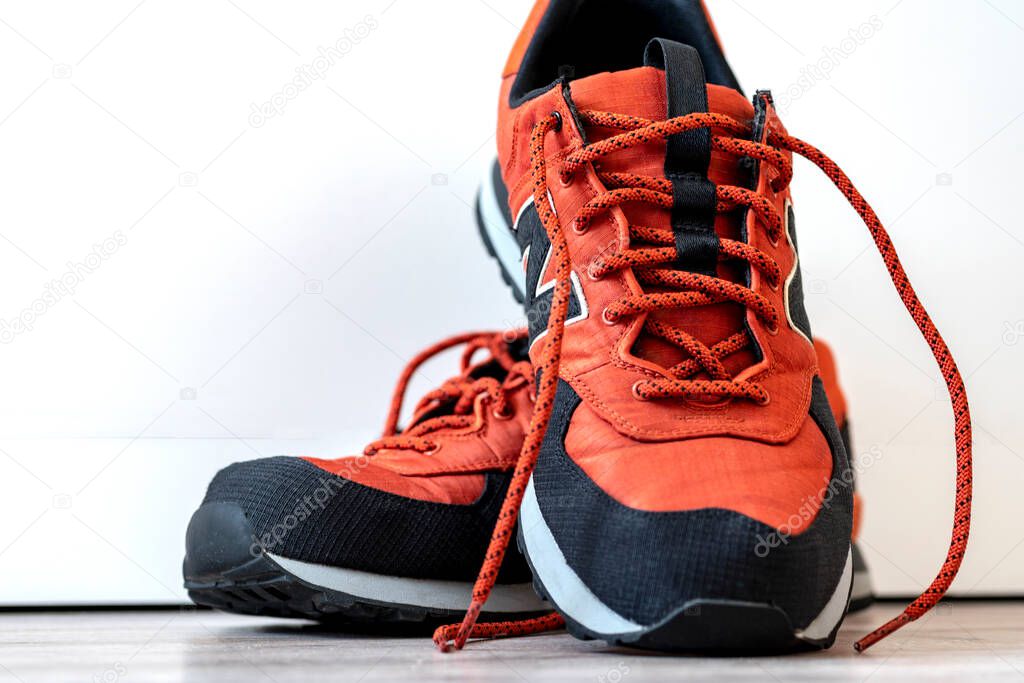 Vinnytsia. Ukraine. 10/14/2020. Orange, terracotta sneakers, sports brand new balance. Close-up