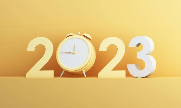 Countdown start new year 2023 with the vision and perspective of planning to achieve goals. concept for the future business and management. in cartoon illustration on yellow background. 3d rendering
