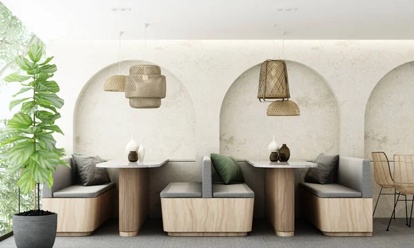 Modern tarzdaki kafe ve restoranlarda tasarım işi. Ahşap malzemeler ve çimento seç. Saksı bitkileriyle çevrili kavisli bir yay duvarında. Gri halı zemininde. 3d oluşturma