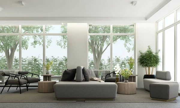 Interior of modern office of hotel reception and waiting room and gray furniture with white and wooden walls, concrete floor and reception desk. with wood decoration and plant pot. 3d rendering