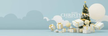 Yıldızlı parlak bir Noel ağacı. Mutlu Noeller ve mutlu yıllar. Bulut gökyüzü ve ev eşyaları, hafif çelenkler, mücevher topu, hediye kutusu, sürpriz, altın konfeti. mavi pastel 3D görüntüleme