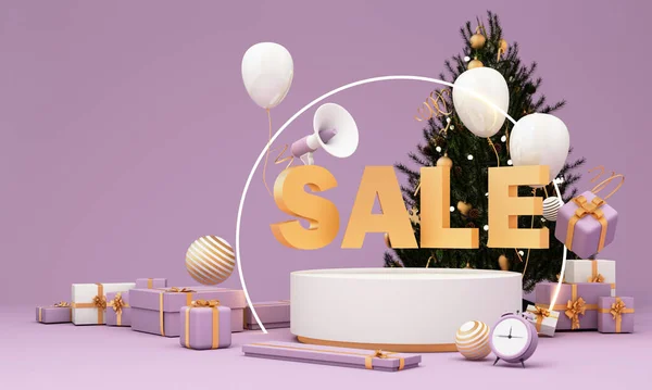 Merry Christmas sale promotion poster banner with product display and festive decoration and gift box christmas tree on purple background. 3d rendering