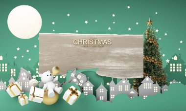 Mutlu yıllar ve mutlu Noeller eski kasaba kışı. Dolunay ve bulutlarla çevrili Noel ağacı ve kutup ayılı altın bir hediye kutusu. Parlak Kış Tatil Kompozisyonu. 3d oluşturma