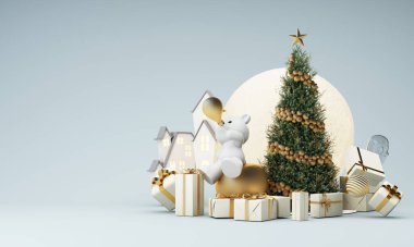 Mutlu yıllar ve mutlu Noeller eski kasaba kışı. Dolunay ve bulutlarla çevrili Noel ağacı ve kutup ayılı altın bir hediye kutusu. Parlak Kış Tatil Kompozisyonu. 3d oluşturma
