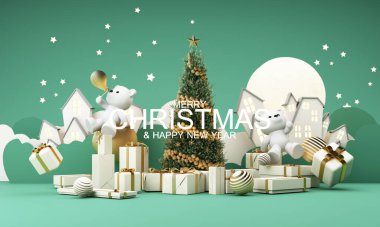 Mutlu yıllar ve mutlu Noeller eski kasaba kışı. Dolunay ve bulutlarla çevrili Noel ağacı ve kutup ayılı altın bir hediye kutusu. Parlak Kış Tatil Kompozisyonu. 3d oluşturma